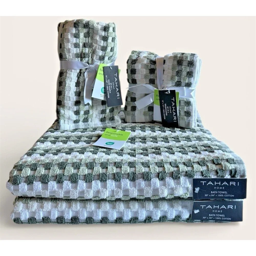 Tarhari 8 Piece Towel Set Tiles Squares Green White 2 Bath 2 Hand 4 Washcloths